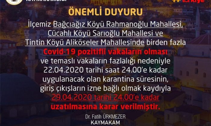 Safranbolu’da 3 köyün mahallelerinde karantina süresi uzatıldı