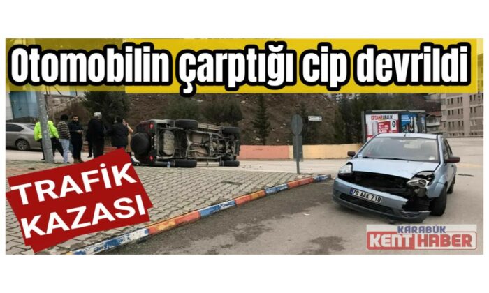 Otomobilin çarptığı cip devrildi