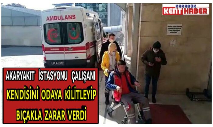 Akaryakıt istasyonu çalışanı kendisini odaya kilitleyip bıçakla zarar verdi